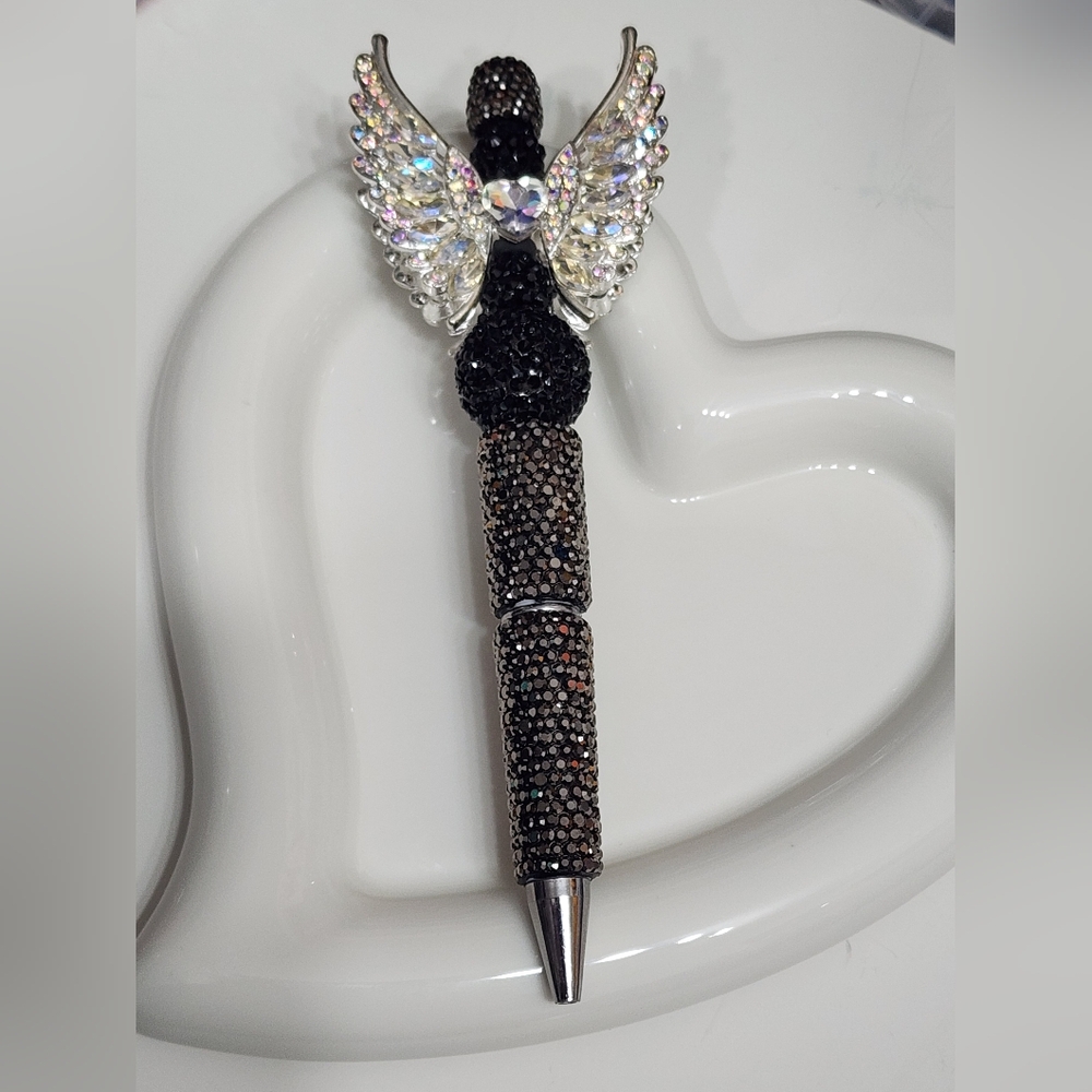 Wings Angel Rhinestone Pen Heart Black Silver Gift Black Ink Refillable